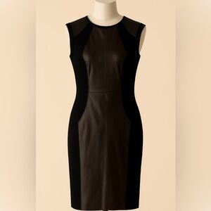 Marc Cain Black Sleeveless Faux Leather Sheath Dress with Knit Panels